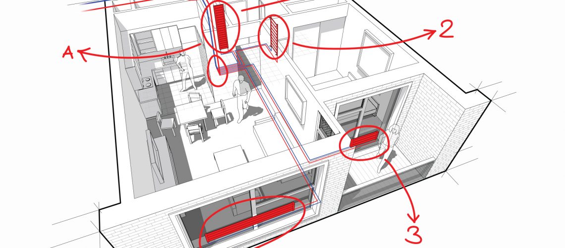 a technical drawing of a property showing how to heat each room