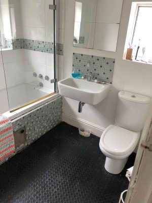 Bathroom renovation position of old bath, sink and toilet