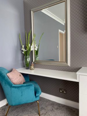 kitchen to bedroom conversion bedroom dressing table and luxury blue chair with large wall mirror