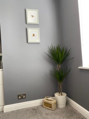kitchen to bedroom conversion bedroom dressing table and luxury blue chair with large wall mirror and bedroom window corner feature plant