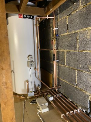 water supply, expansion vessel and safety discharge components and pipework for unvented hot water cylinder