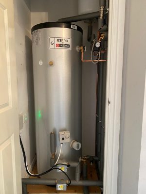 Gledhill unvented hot water cylinder fitted in airing cupboard