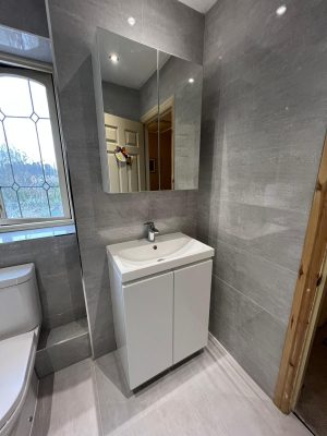 bathroom and ensuite project showing sink unit in white with cupboard underneath sink and mirrored cabinet above sink.