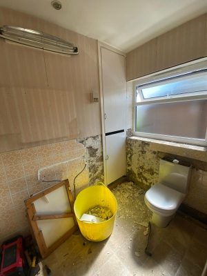 small bathroom renovation showing old boiler cupboard, existing toilet under window and old fashioned electric wall heater