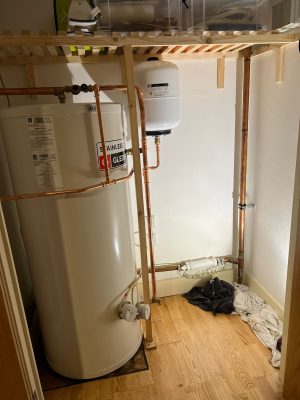 Unvented cylinder leak replaced with new Gledhill Stainless Lite cylinder and press fit fittings used on pipework